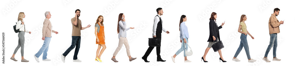 Collage with photos of people wearing stylish outfit walking on white background. Banner design Collage with photos of people wearing stylish outfit walking on white background. Banner design