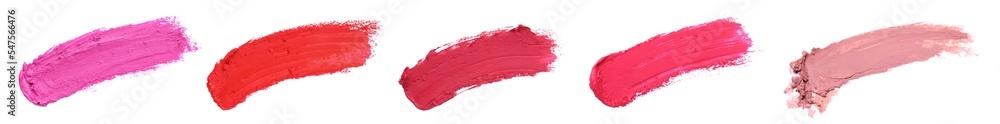 Smears of different beautiful lipsticks on white background, top view. Banner design Smears of different beautiful lipsticks on white background, top view. Banner design