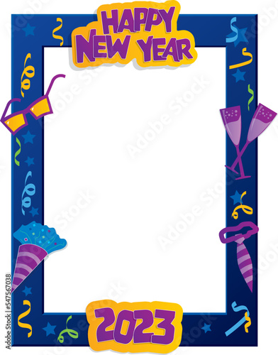 Photo booth frame vector Happy New Year blue, yellow and purple color