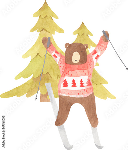 Watercolor Winter Bear - Illustration Christmas hand drawn for nursery decoration with animal family, forest animals, woodland compositions photo