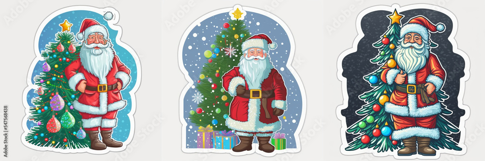 Collection sticker vector design of Santa Claus with Christmas tree. Collection sticker vector design of Santa Claus with Christmas tree.