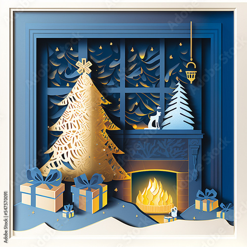 3D layered paper craft cut illustration of a modern Christmas holiday scene with presents and gifts around the decorated tree in front of a fireplace
