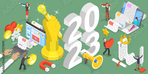3D Isometric Flat Vector Conceptual Illustration of New Year 2023 Blogging Trends, Commercial Blog Posting