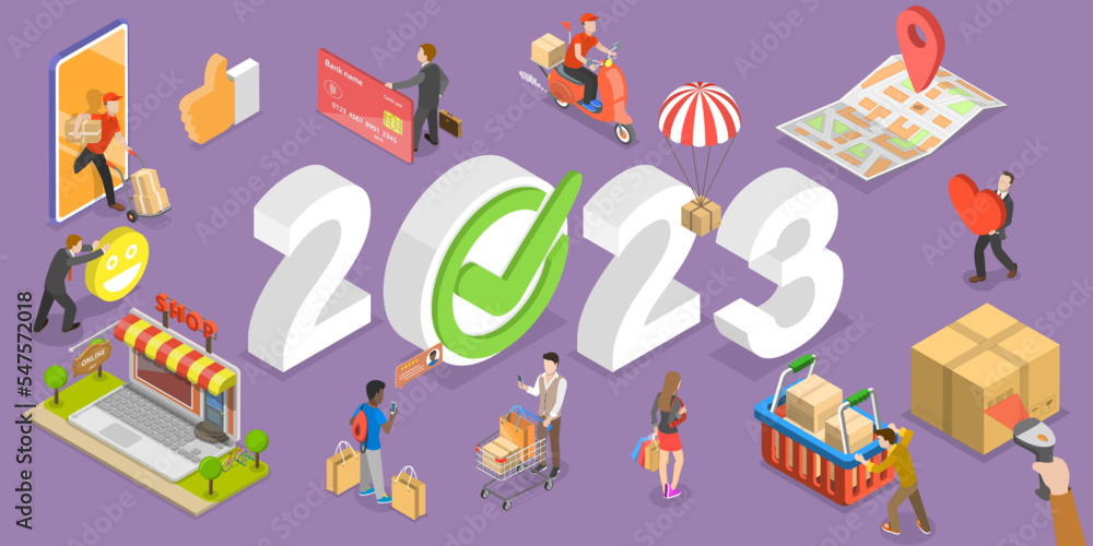 3D Isometric Flat Vector Conceptual Illustration of E-commerce Trends In New Year 2023, Online Shopping And Retail Perspectives In Nearest Future 3D Isometric Flat Vector Conceptual Illustration of E-commerce Trends In New Year 2023, Online Shopping And Retail Perspectives In Nearest Future
