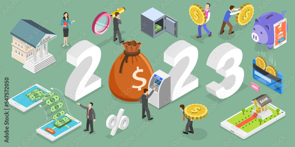 3D Isometric Flat Vector Conceptual Illustration of Banking And Financial Service Trends In New Year 2023, Mobile Banking And Digital Financial Technologies 3D Isometric Flat Vector Conceptual Illustration of Banking And Financial Service Trends In New Year 2023, Mobile Banking And Digital Financial Technologies