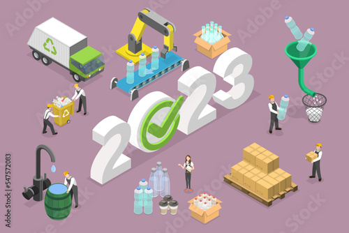 3D Isometric Flat Vector Conceptual Illustration of New Year 2023 And Plastics Recycling, Reducing Pollution And Waste, Saving The Earth