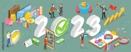 3D Isometric Flat Vector Conceptual Illustration of 2023 Financial Year, Business Aims And Achievements