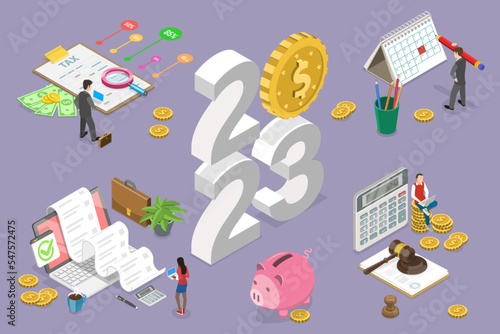 3D Isometric Flat Vector Conceptual Illustration of New Year 2023 And Taxes, Tax Calculation Advisory Service