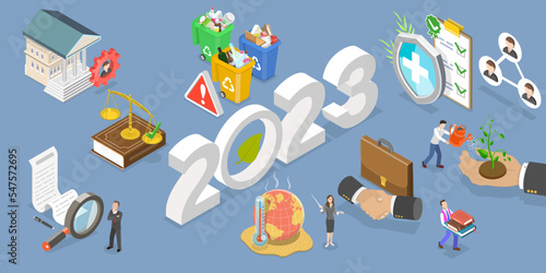 3D Isometric Flat Vector Conceptual Illustration of New Year 2023 And ESG Trends, Environmental, Social And Corporate Governance