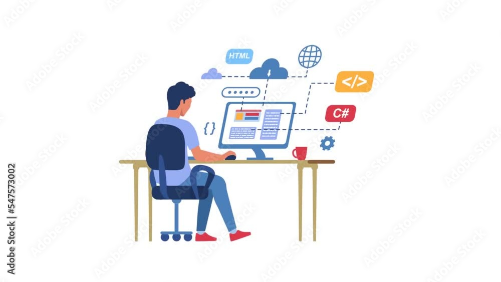 Programmer at work video concept. Moving male digital engineer or coder develops software on computer using different programming languages. Innovative technologies. Flat graphic animated cartoon Programmer at work video concept. Moving male digital engineer or coder develops software on computer using different programming languages. Innovative technologies. Flat graphic animated cartoon