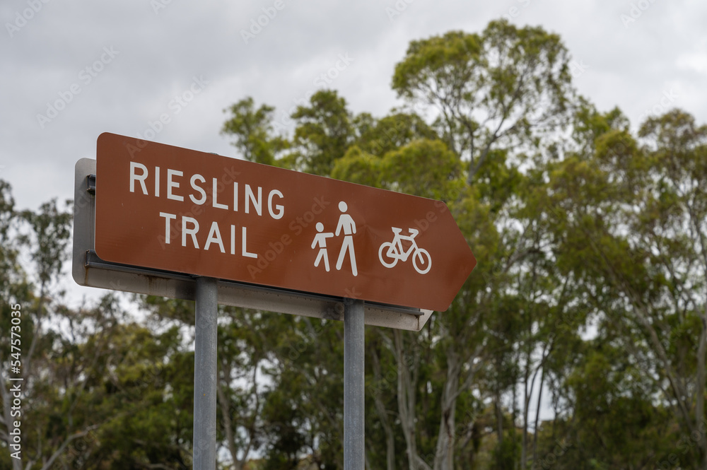 Fototapeta premium Riesling Trail Shared Walking and Cycling Path in Clare Valley, South Australia. Tourist destination road sign