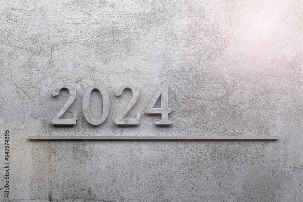 New year greeting card with year 2024 number on wall with concrete texture
