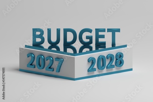 Bussiness financial planning illustration with pedestal, large budget word and year 2027 and 2028 numbers