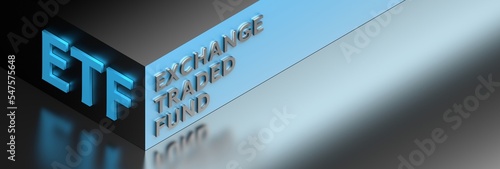 Wide banner with bussiness financial term ETF for Exchange Traded Fund in dark blue colors with copy blank space