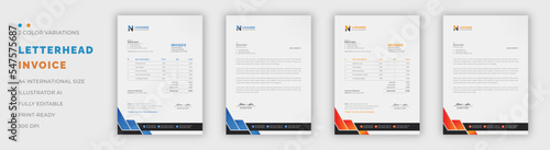 Multipurpose corporate businesses letterhead and invoice template with a4 size. creative corporate modern letterhead and invoice design template set with blue, green, red, and yellow colors.