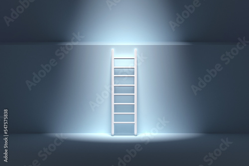 Ladder with light standing next to blue wall, climb up concept