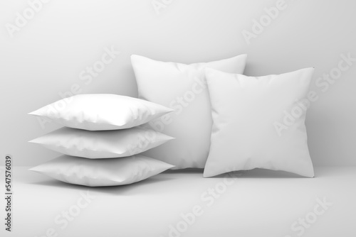 Set of five white blank pillows with blank surfaces