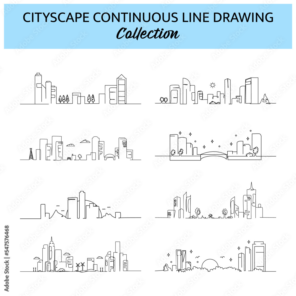 Set of cityscape line design. Beautiful city view. Decorative elements drawn one continuous line. Vector illustration of minimalist style on white background.