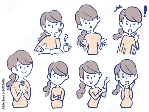 女性の表情ポーズセット