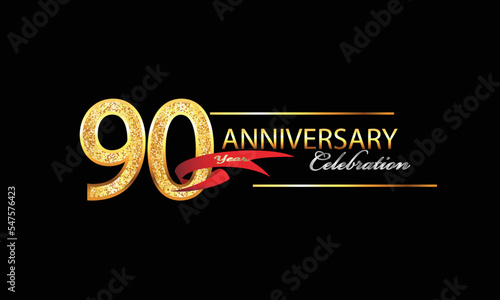 90 Year Anniversary celebration Vector Design. 90th Anniversary celebration. Gold Luxury Banner of 90th Anniversary celebration with red ribbon and glitter. Background celebration. Vector anniversary