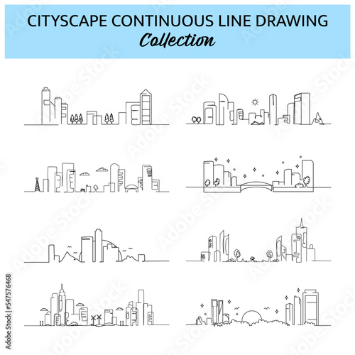 Set of cityscape line design. Beautiful city view. Decorative elements drawn one continuous line. Vector illustration of minimalist style on white background.