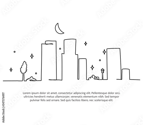 Cityscape line design. Beautiful green city view. Decorative elements drawn one continuous line. Vector illustration of minimalist style on white background.