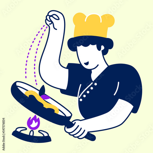 Chef sprinkles salt on food. Flat design modern vector illustration concept