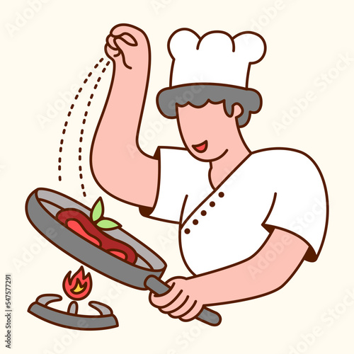 Chef sprinkles salt on food. Flat design modern vector illustration concept