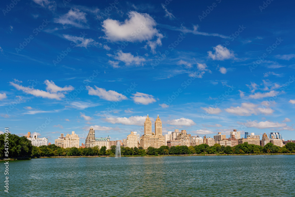 Sunny view of Jacqueline Kennedy Onassis Reservoir in Central Park