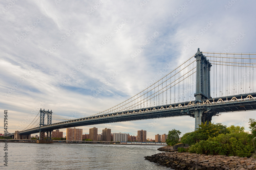 Sunset afterglow of the Manhattan Bridge and New York City skyline