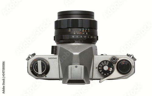 Vintage 1960s SLR camera viewed from above on white background
