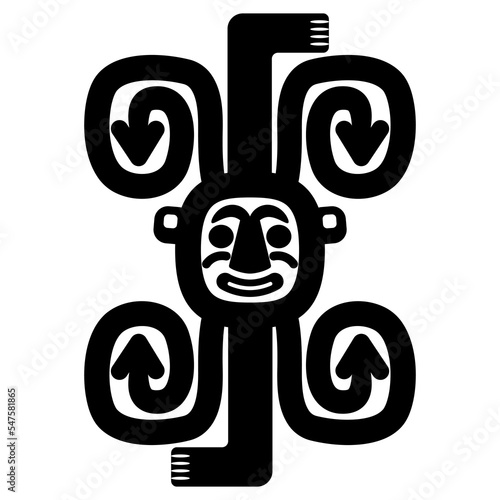 Tribal ornament of inca Indians from ancient Peru. Stylized human face with two bare feet and spirals. Native American pre Columbian symbol. Black and white silhouette.