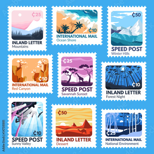Postage stamp design set with colorful landcape