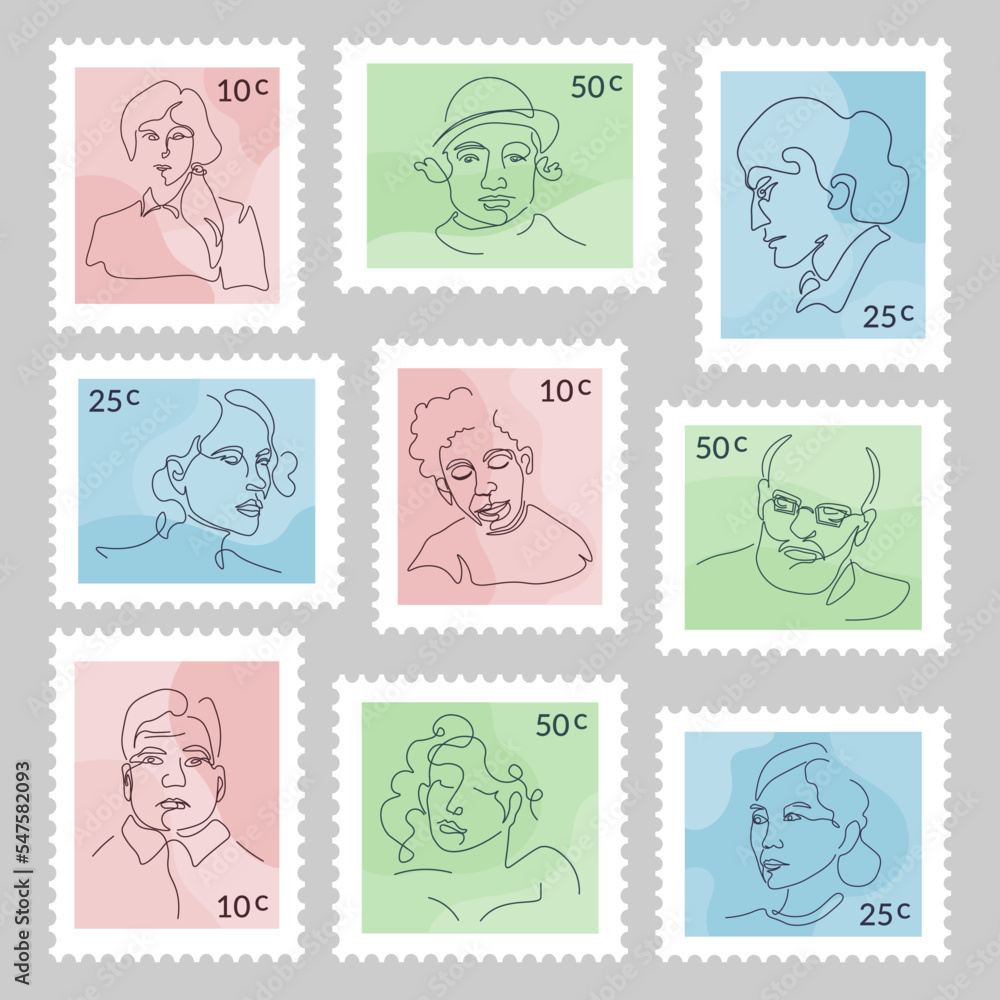 Fototapeta premium Colorful postage stamp set with hand drawing face