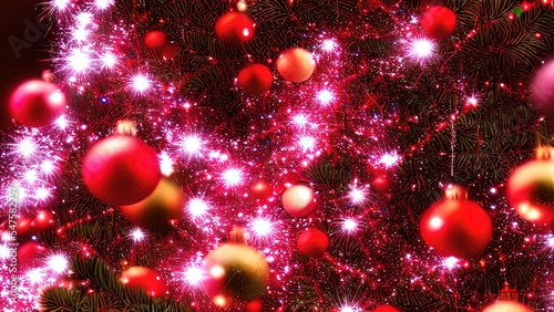 Christmas Tree In Red Shiny Background - Ornaments On Fir Branches With Glittering And Defocused Abstract Lights © Andrey