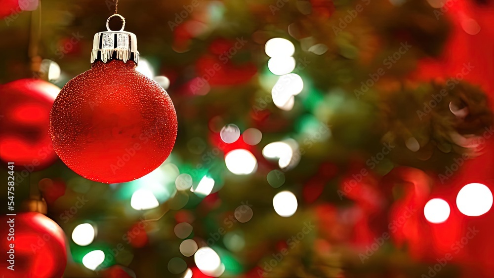 Christmas Tree In Red Shiny Background - Ornaments On Fir Branches With Glittering And Defocused Abstract Lights Christmas Tree In Red Shiny Background - Ornaments On Fir Branches With Glittering And Defocused Abstract Lights