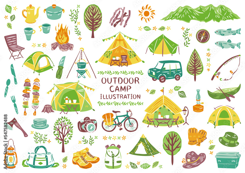 Naklejka premium アウトドア レジャー キャンプ アイコン イラストセット 