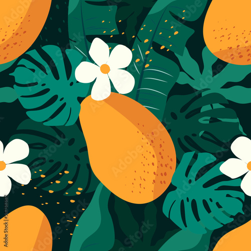 vector seamless pattern with mango  fruits and tropical leaves