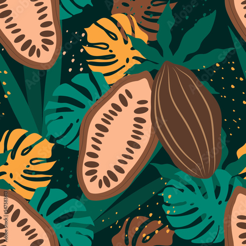 vector seamless pattern with cocoa fruits and tropical leaves