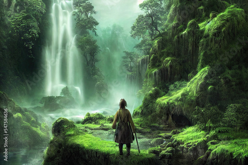 A person standing in a beautiful ethereal forest looking at a waterfall. Gorgeous digital matte painting.