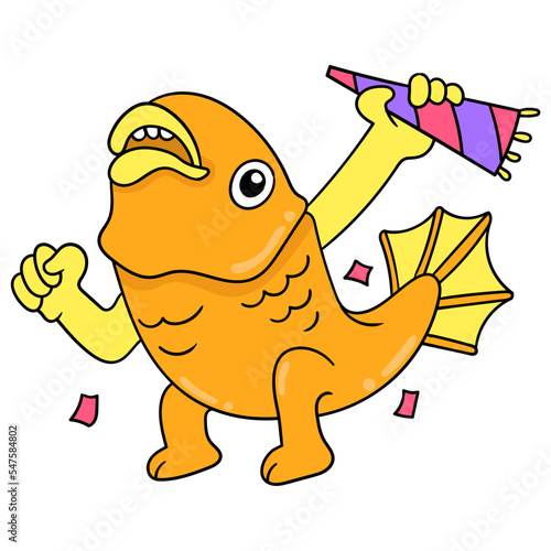 Vector design of a goldfish cheerfully celebrating birthday party against white background