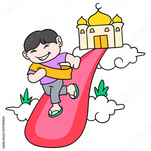 Vector design of a Muslim child comes to the mosque cheerfully to worship on white background