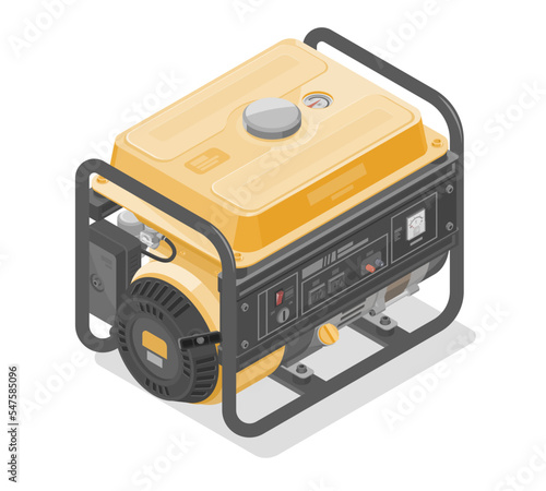 Home portable power generators engine motor isometric for industry and construction equipment yellow in white isolated