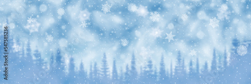 Winter landscape, trees, snowfall and snowflakes, panoramic view, vector illustration
