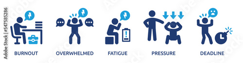 Worker mental health problem icon set. Burnout, overwhelmed, fatigue, pressure and deadline icons. Burnout syndrome symbol collection isolated on white background.