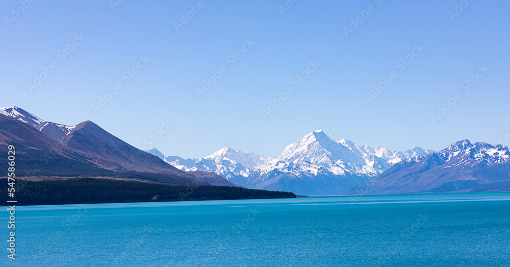 The landscape view of blue sky background over Mount Cook as lake pukaki, New Zealand