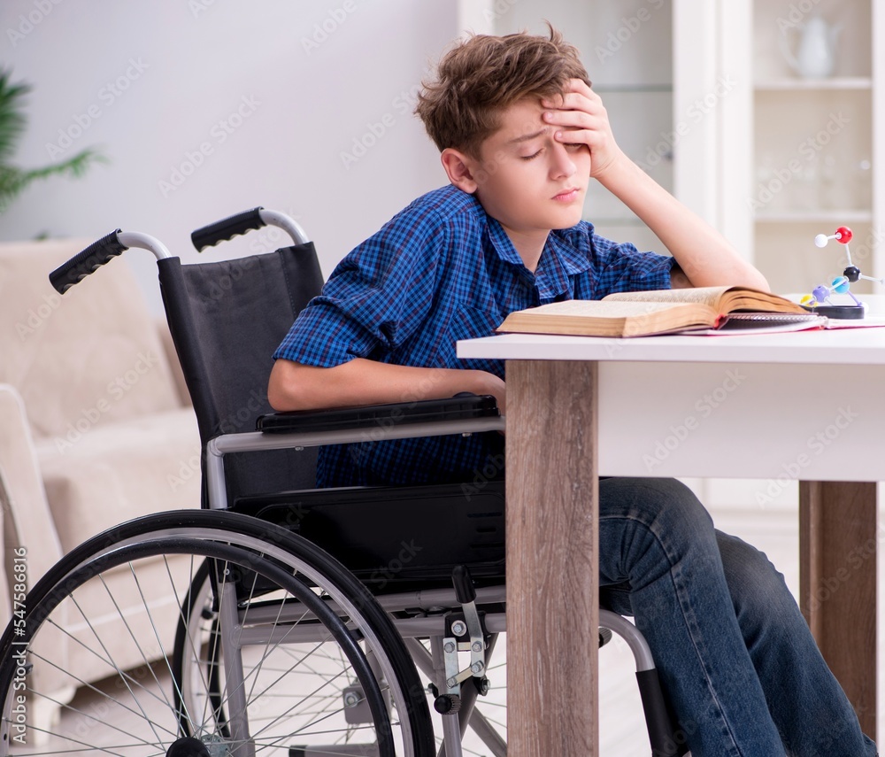 Disabled kid preparing for school at home Disabled kid preparing for school at home