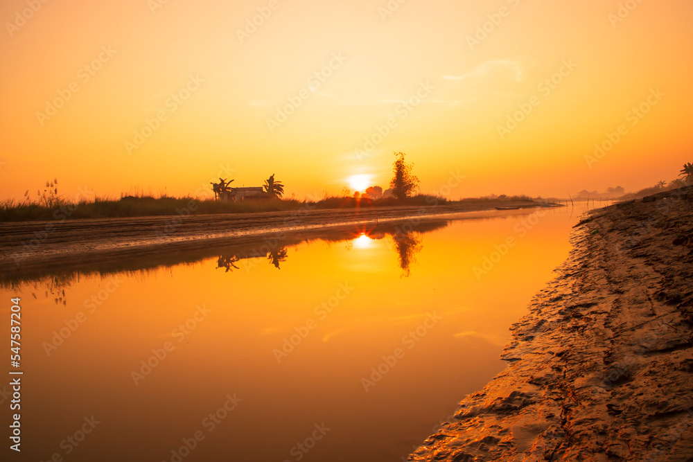 Beautiful Golden hour Sunrise landscape view near the Padma river in Bangladesh