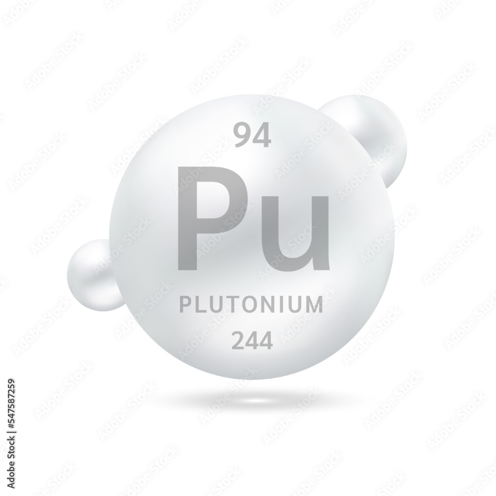 Plutonium molecule models silver and chemical formulas scientific element. Natural gas. Ecology and biochemistry concept. Isolated spheres on white background. 3D Vector Illustration. Plutonium molecule models silver and chemical formulas scientific element. Natural gas. Ecology and biochemistry concept. Isolated spheres on white background. 3D Vector Illustration.