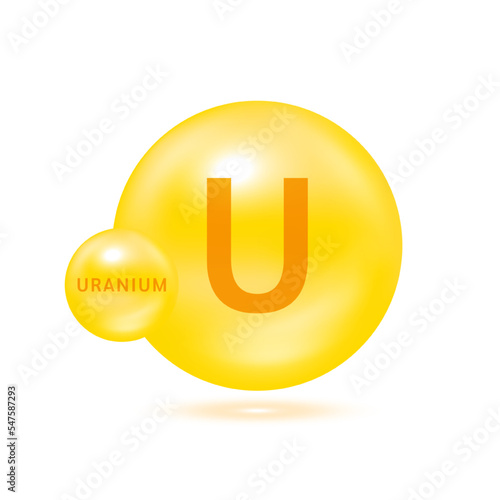 Uranium molecule models yellow. Ecology and biochemistry concept. Isolated spheres on white background. 3D Vector Illustration.